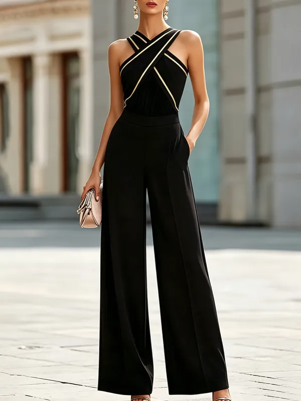 Cross-Strap Contrast Trim Halter Wide-Leg Jumpsuit made by Mooyius