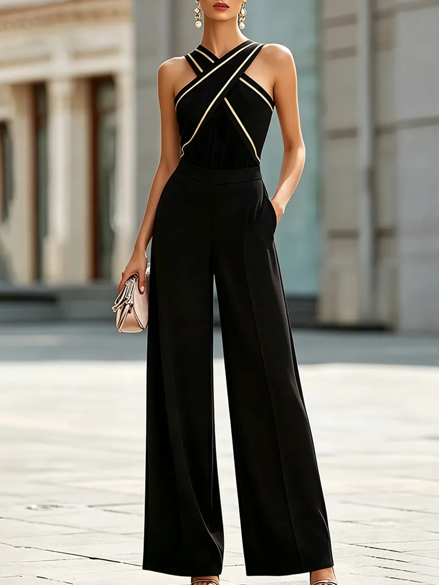 Cross-Strap Contrast Trim Halter Wide-Leg Jumpsuit sold by Mooyius
