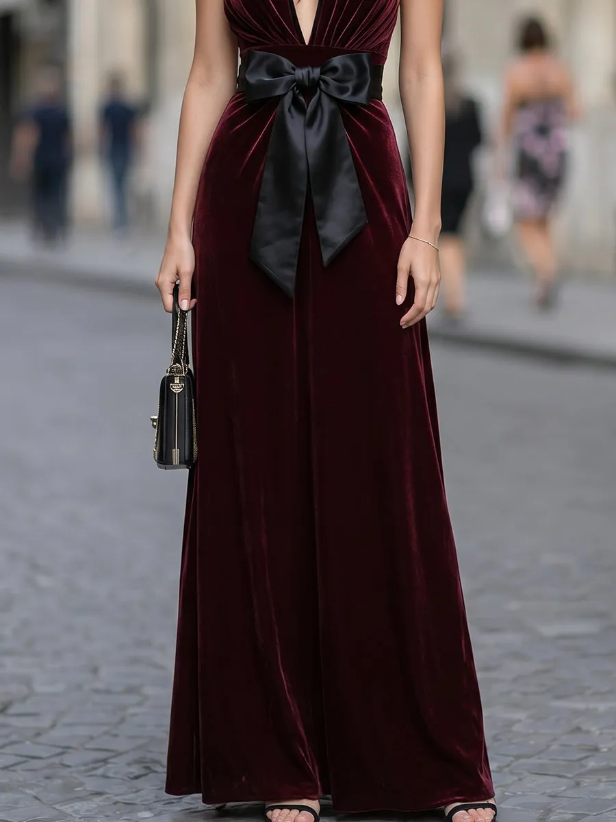 Velvet Halter Neck Deep V Maxi Dress With Statement Bow sold by Mooyius product image thumbnail 3