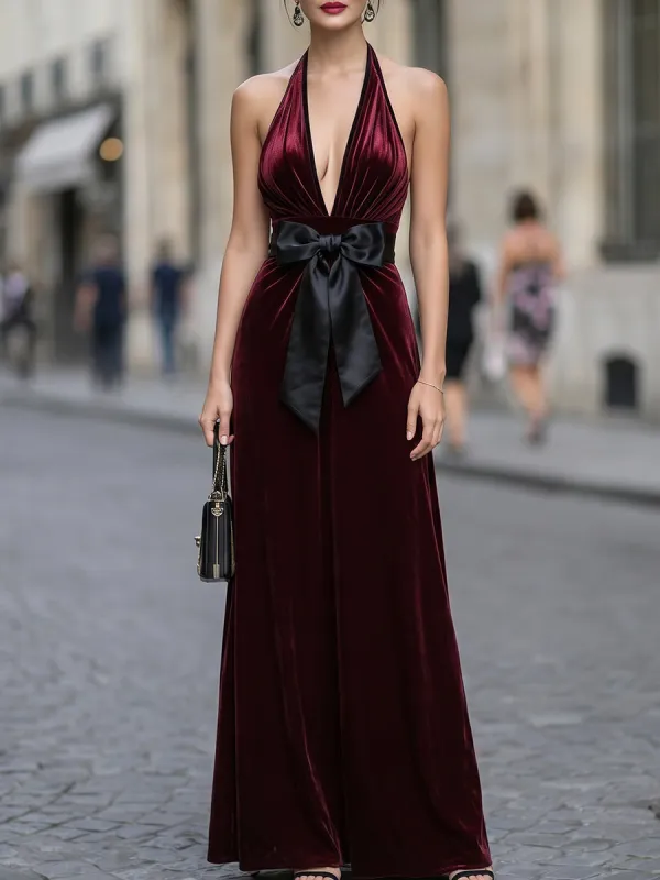 Velvet Halter Neck Deep V Maxi Dress With Statement Bow made by Mooyius