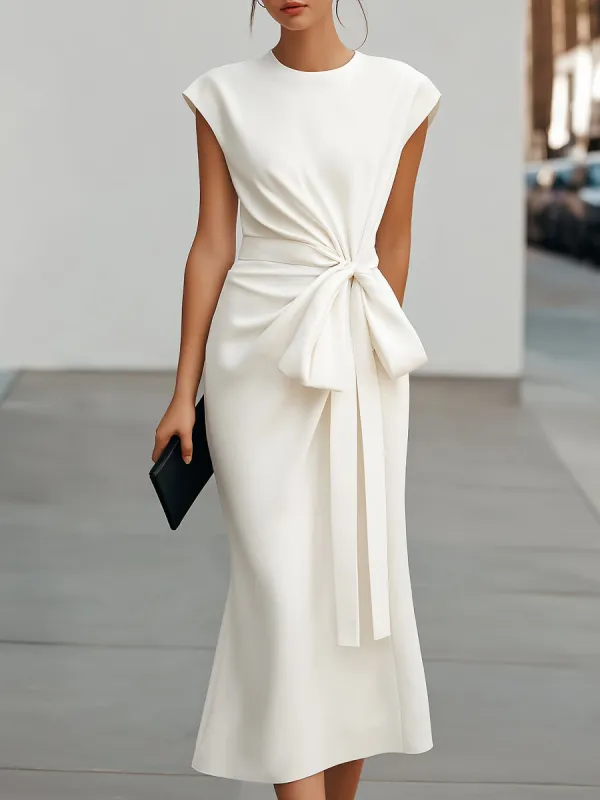 Waist-Tie Cap Sleeves Sculpted Midi Dress made by Mooyius