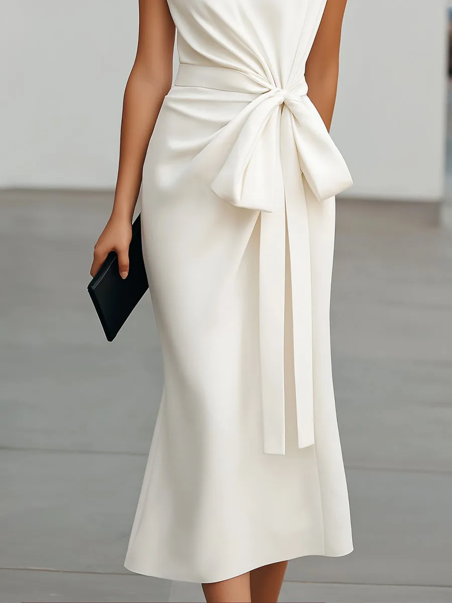 Waist-Tie Cap Sleeves Sculpted Midi Dress sold by Mooyius product image thumbnail 3