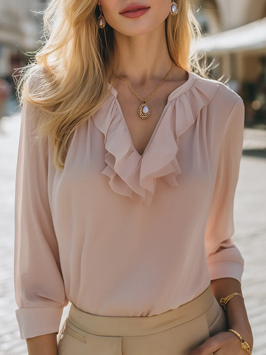 Elegant Ruffle Trim Chiffon Blouse sold by Mooyius