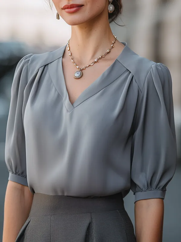 Elegant Puff Sleeve V-Neck Blouse made by Mooyius