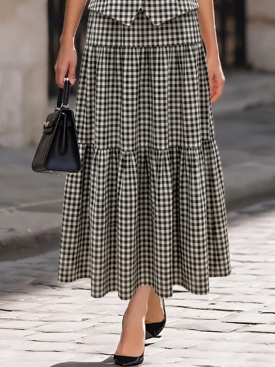 Black-and-White Gingham Sleeveless Peplum Waistcoat & Midi Skirt Two-Piece Suit sold by Mooyius product image thumbnail 3