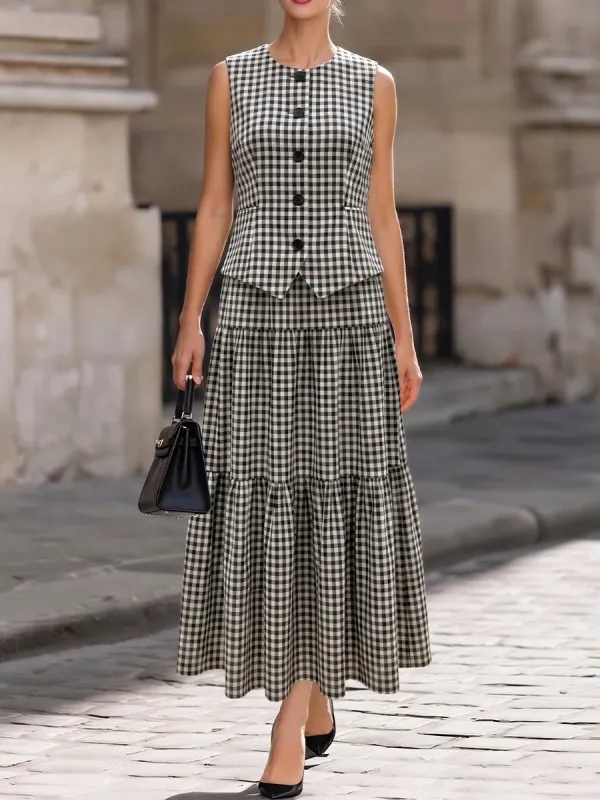 Black-and-White Gingham Sleeveless Peplum Waistcoat & Midi Skirt Two-Piece Suit made by Something Navy