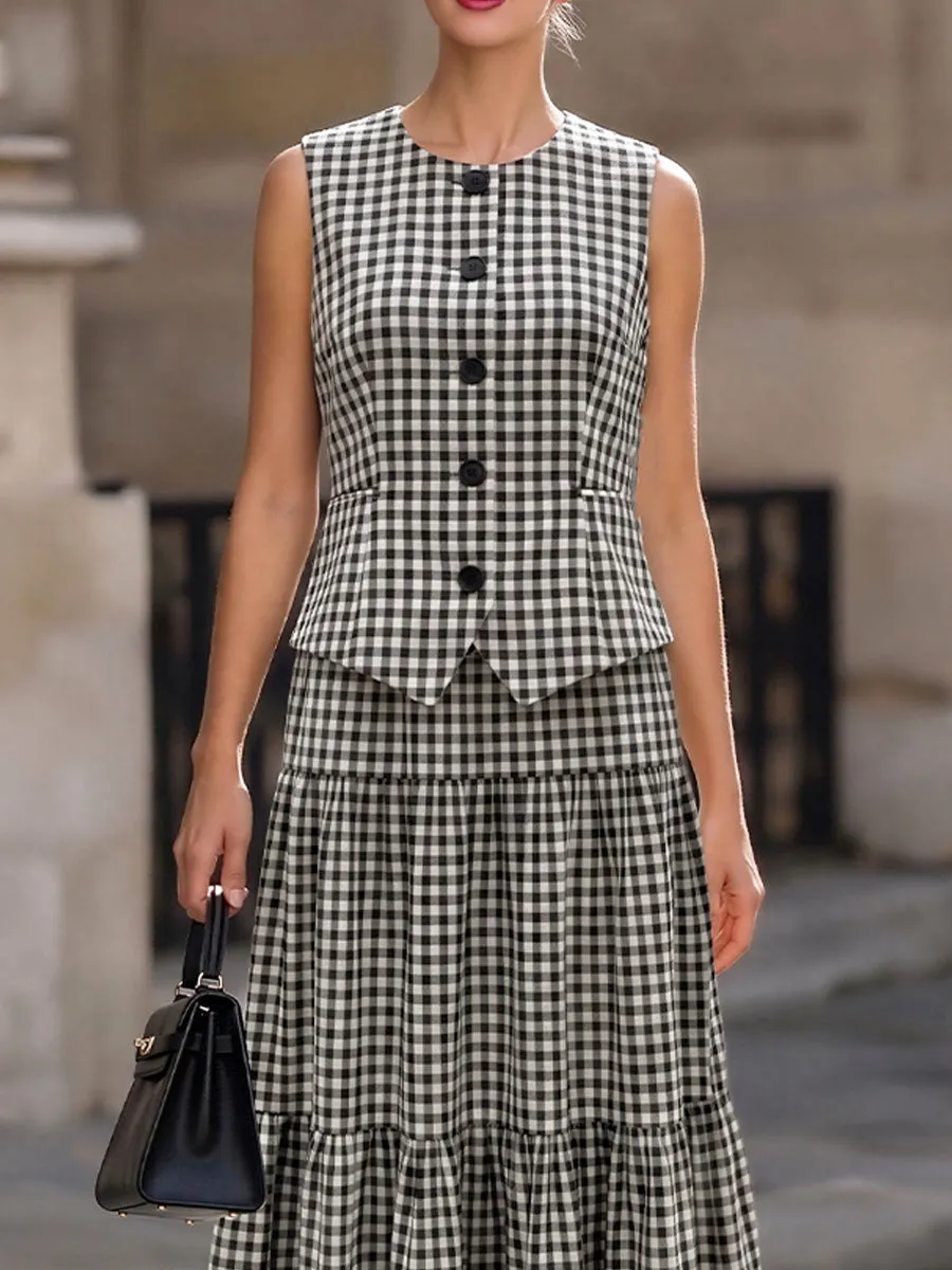 Black-and-White Gingham Sleeveless Peplum Waistcoat & Midi Skirt Two-Piece Suit sold by Mooyius product image thumbnail 2