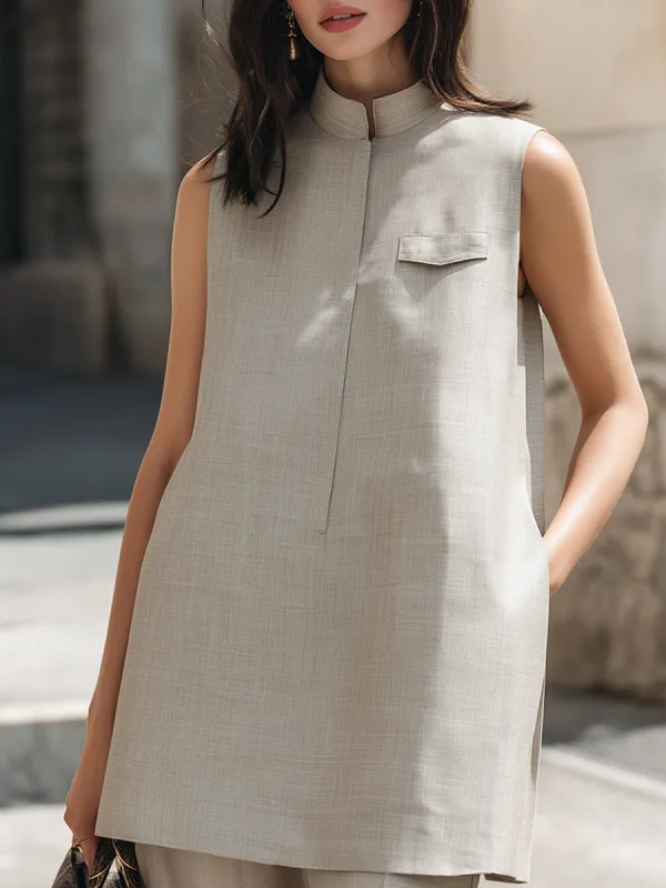 Sleeveless Minimalist Mandarin Collar Tunic Top made by Mooyius
