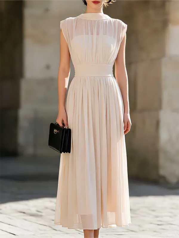 High-Neck Sleeveless Chiffon Pleated Maxi Dress made by Something Navy