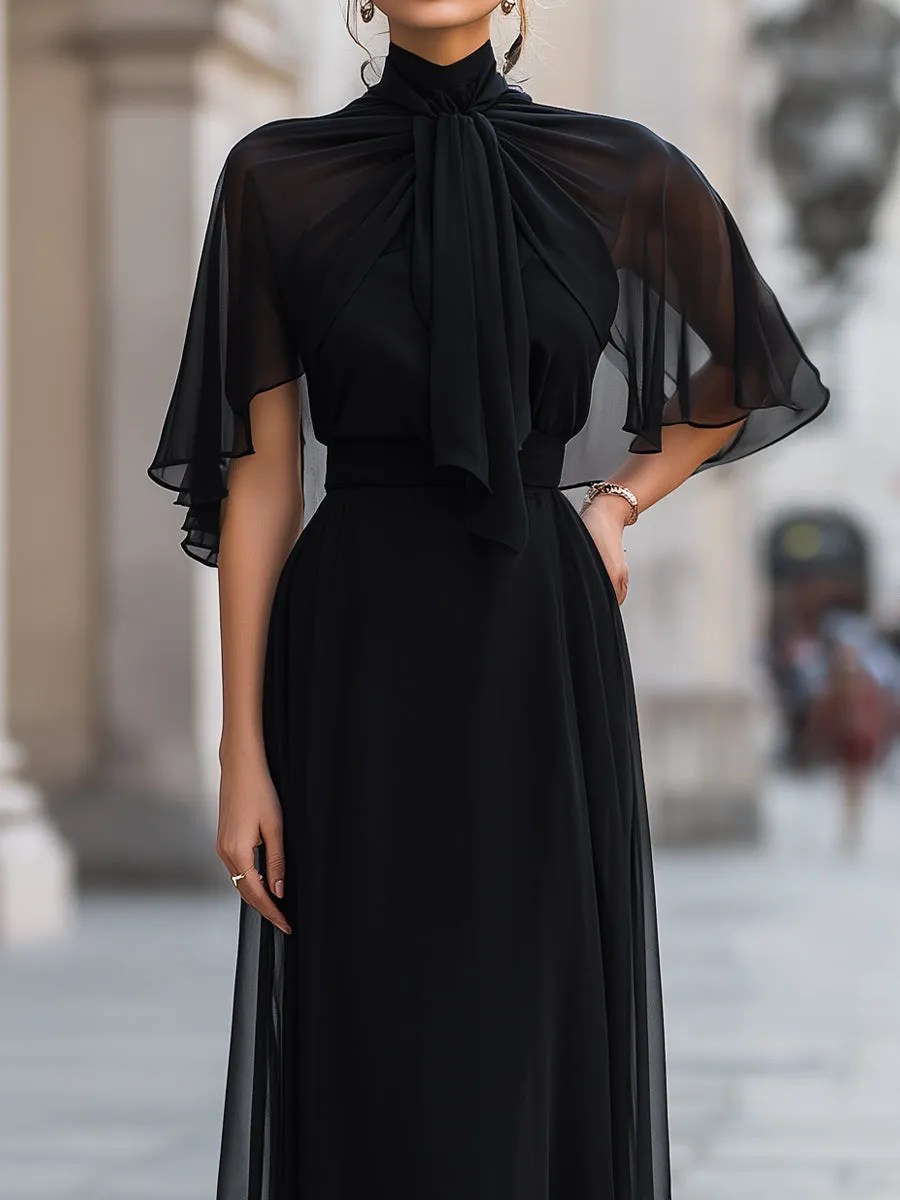Sheer Tie-Neck Maxi Dress With Flutter Sleeves And Layered Skirt sold by Mooyius product image thumbnail 3