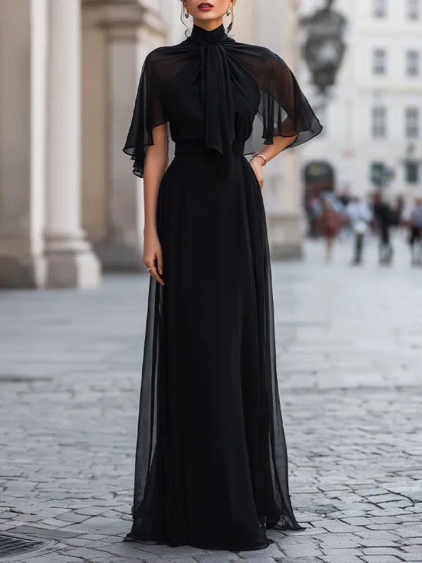 Sheer Tie-Neck Maxi Dress With Flutter Sleeves And Layered Skirt made by Mooyius