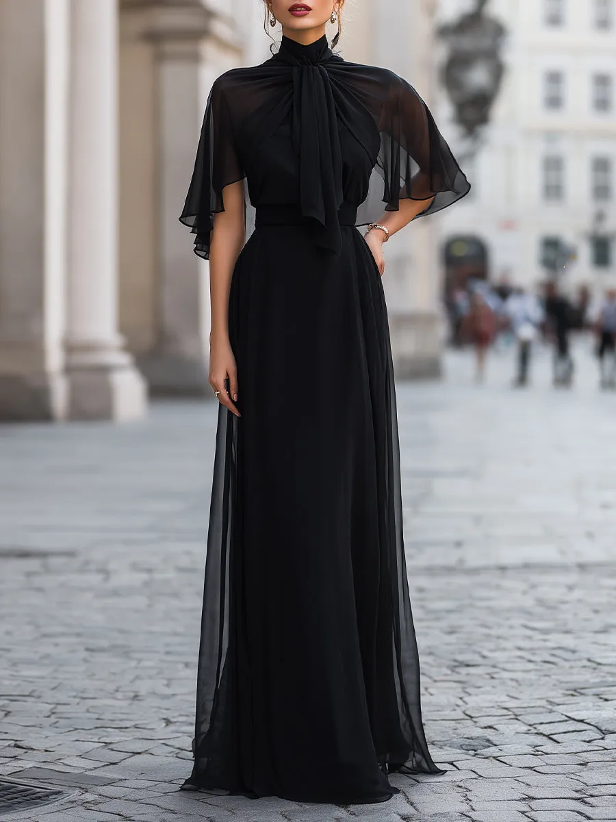 Sheer Tie-Neck Maxi Dress With Flutter Sleeves And Layered Skirt sold by Mooyius