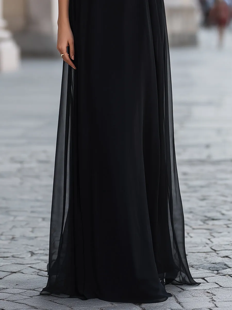 Sheer Tie-Neck Maxi Dress With Flutter Sleeves And Layered Skirt sold by Mooyius product image thumbnail 4