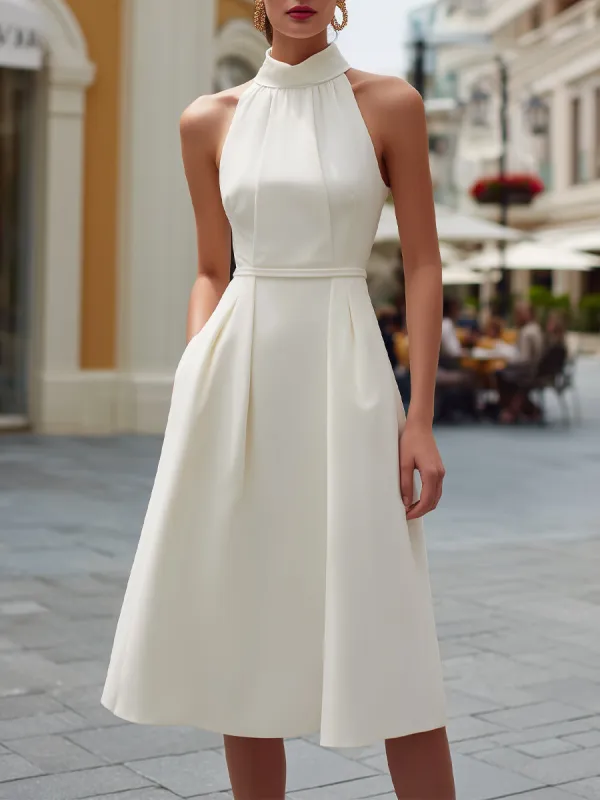 Elegant Halter Neck A-Line Midi Dress made by Mooyius