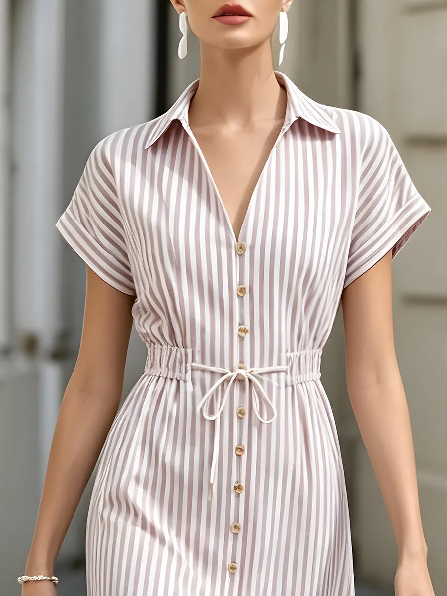 Striped Button-Front Drawstring Waist Midi Shirt Dress sold by Mooyius product image thumbnail 2