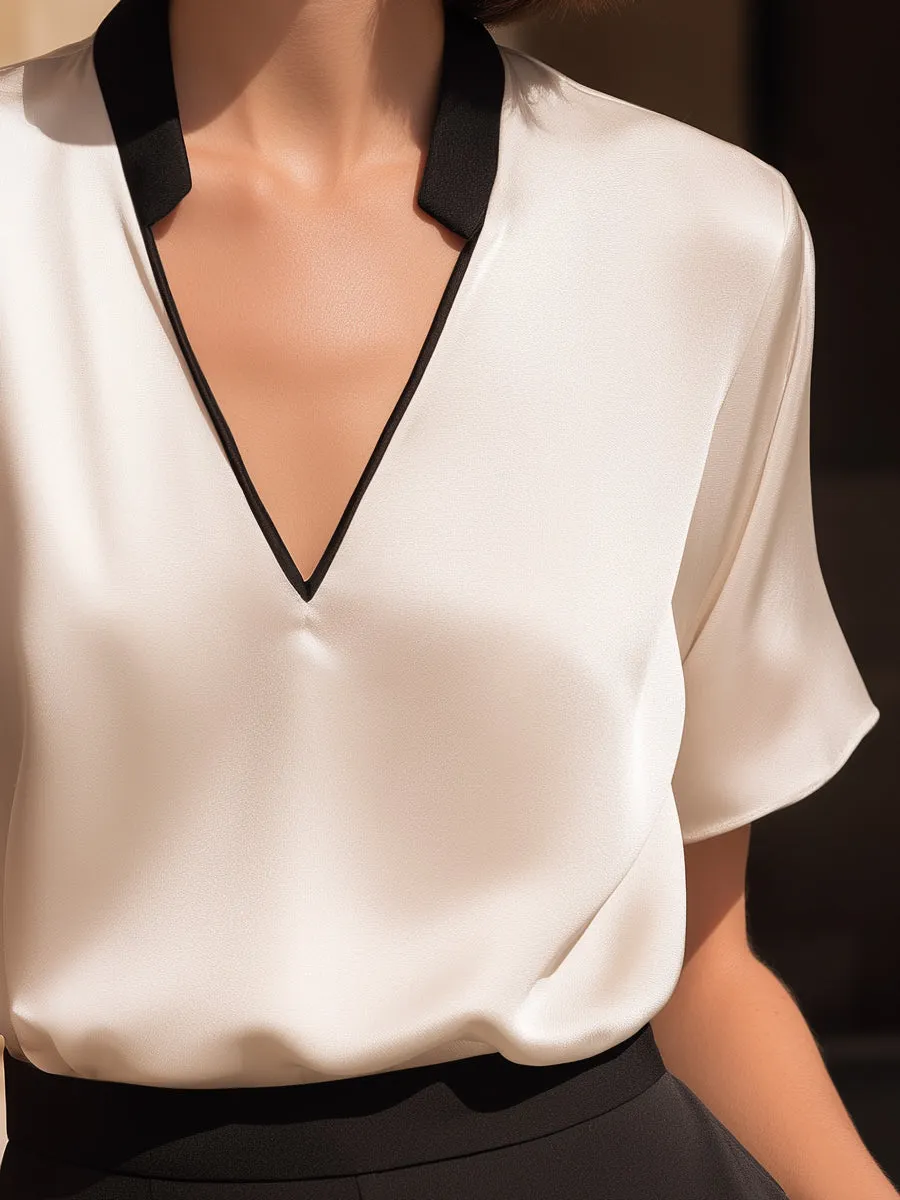 Contrast Trim Satin V-Neck Relaxed Blouse sold by Mooyius product image thumbnail 3