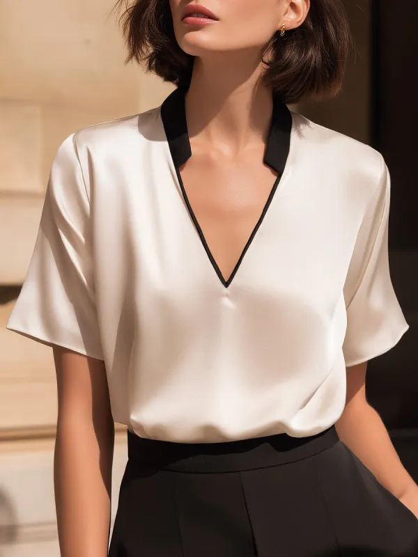 Contrast Trim Satin V-Neck Relaxed Blouse made by Mooyius