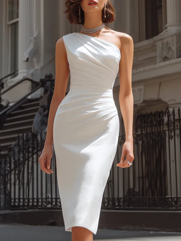 Elegant One-Shoulder Draped Sculpted Midi Dress made by Mooyius