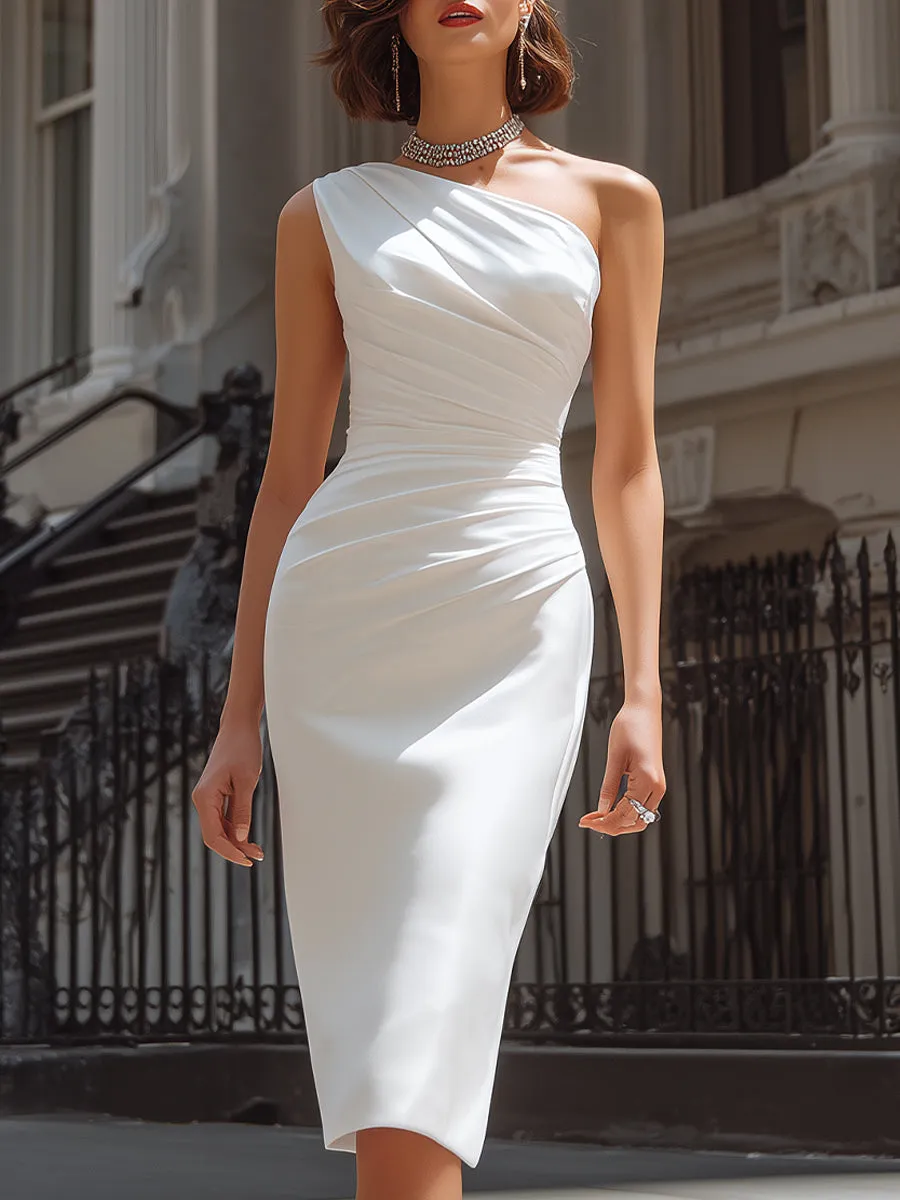 Elegant One-Shoulder Draped Sculpted Midi Dress sold by Mooyius