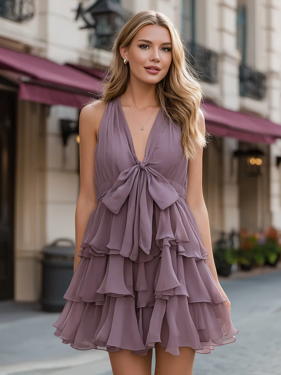 Tiered Ruffle Halter Mini Dress With Front Bow Detail sold by Mooyius product image thumbnail 2