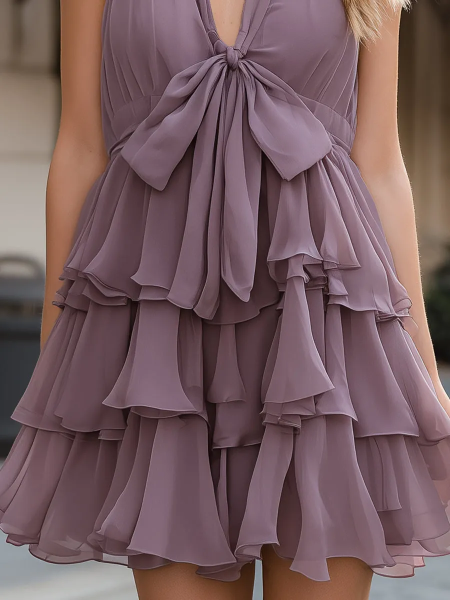 Tiered Ruffle Halter Mini Dress With Front Bow Detail sold by Mooyius product image thumbnail 4