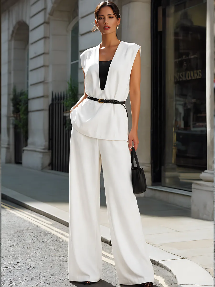 Structured Deep V-Neck Sleeveless Top And Wide-Leg Trousers Set sold by Mooyius product image thumbnail 2