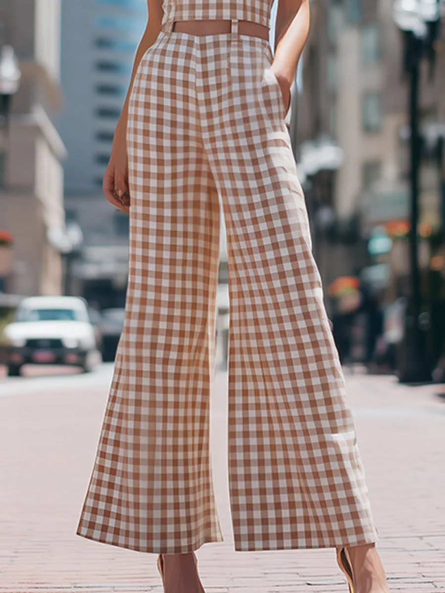 Beige Gingham Sleeveless Wide-Leg Jumpsuit sold by Mooyius product image thumbnail 3