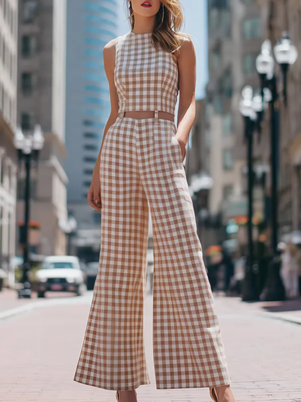 Beige Gingham Sleeveless Wide-Leg Jumpsuit made by Mooyius