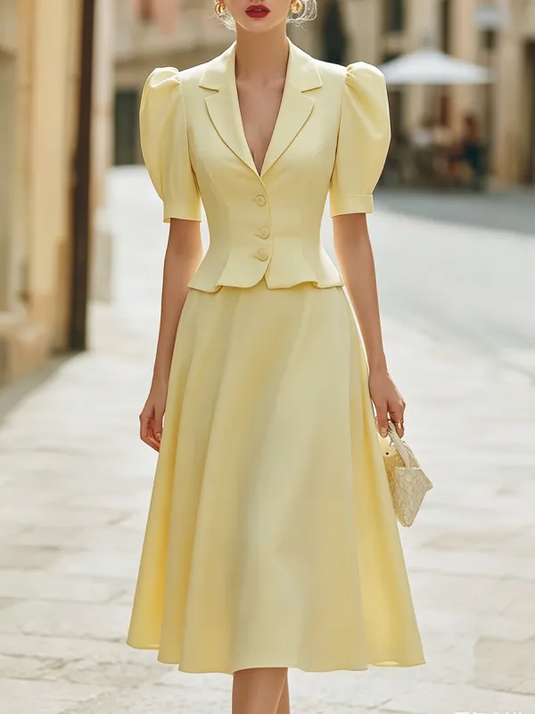 Tailored Puff Sleeve Peplum Jacket And Flared Midi Skirt Set made by Mooyius