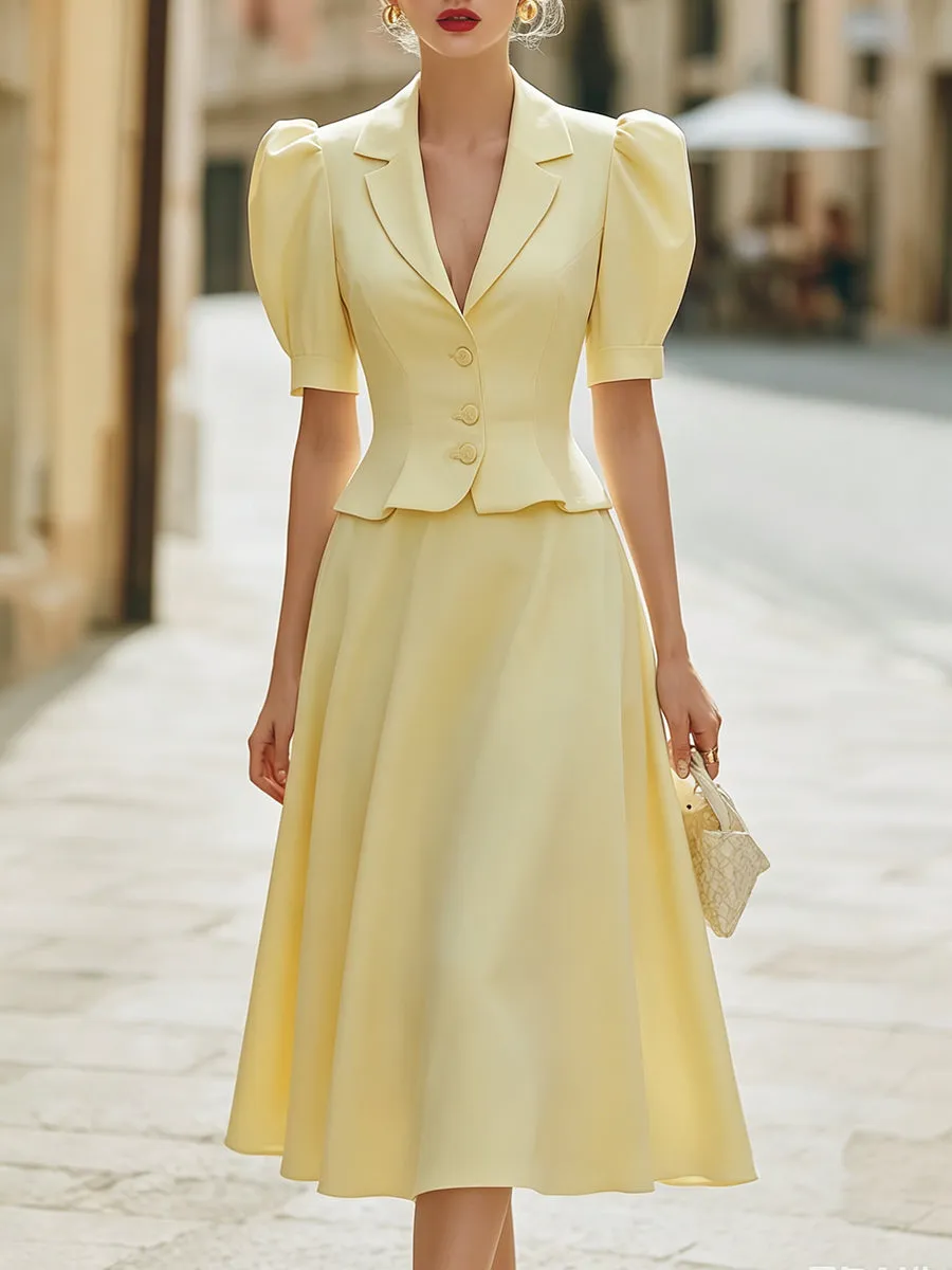 Tailored Puff Sleeve Peplum Jacket And Flared Midi Skirt Set sold by Mooyius