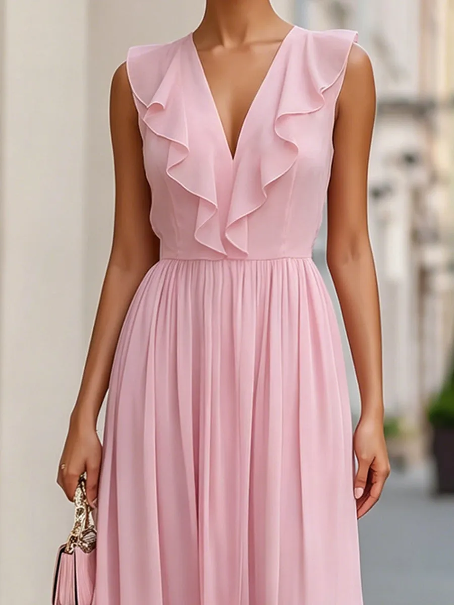 Romantic Ruffle V-Neck Flowing Chiffon Maxi Dress sold by Mooyius product image thumbnail 2