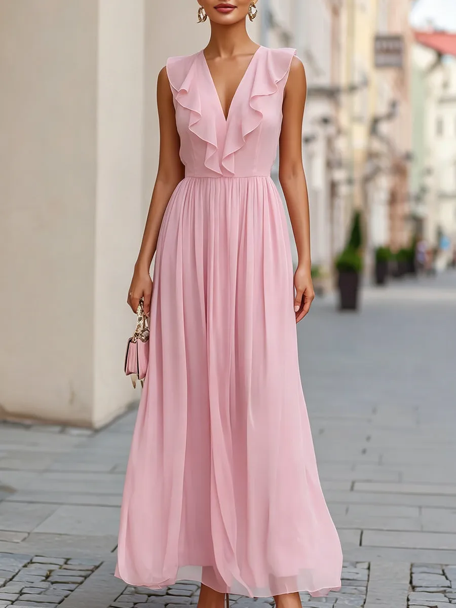 Romantic Ruffle V-Neck Flowing Chiffon Maxi Dress sold by Mooyius