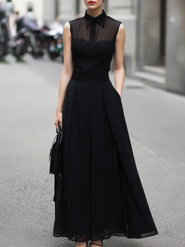 Sheer-Paneled Sleeveless Top & Collared Skirt Two-Piece Set made by Mooyius