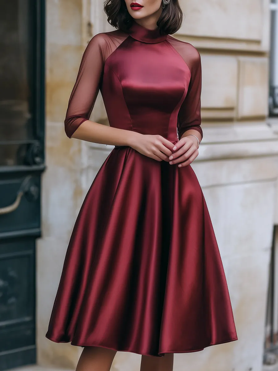 Sheer Mesh Sleeve Satin A-Line Cocktail Dress sold by Mooyius