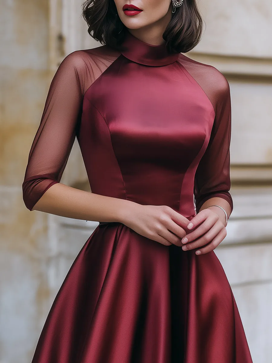 Sheer Mesh Sleeve Satin A-Line Cocktail Dress sold by Mooyius product image thumbnail 2