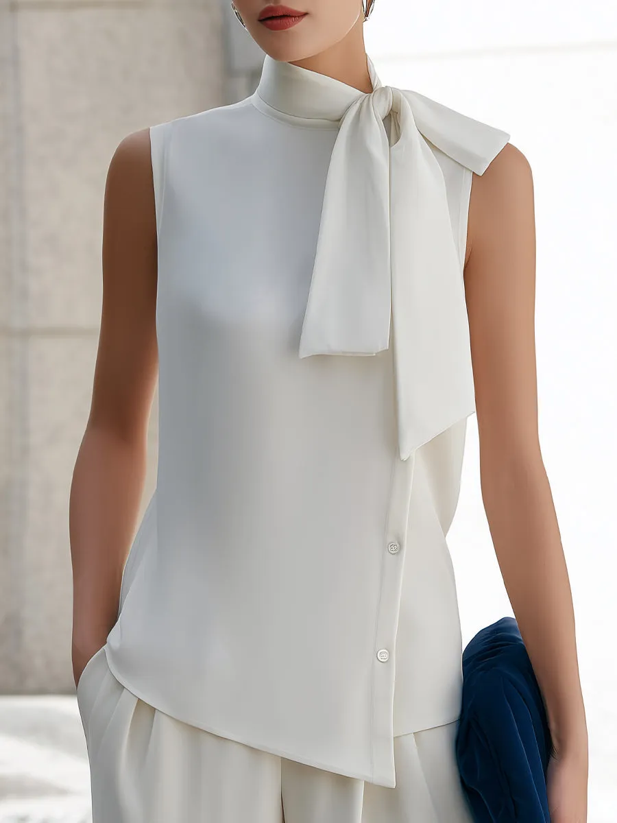 Sleeveless Asymmetric Hem Tie-Neck Blouse sold by Mooyius