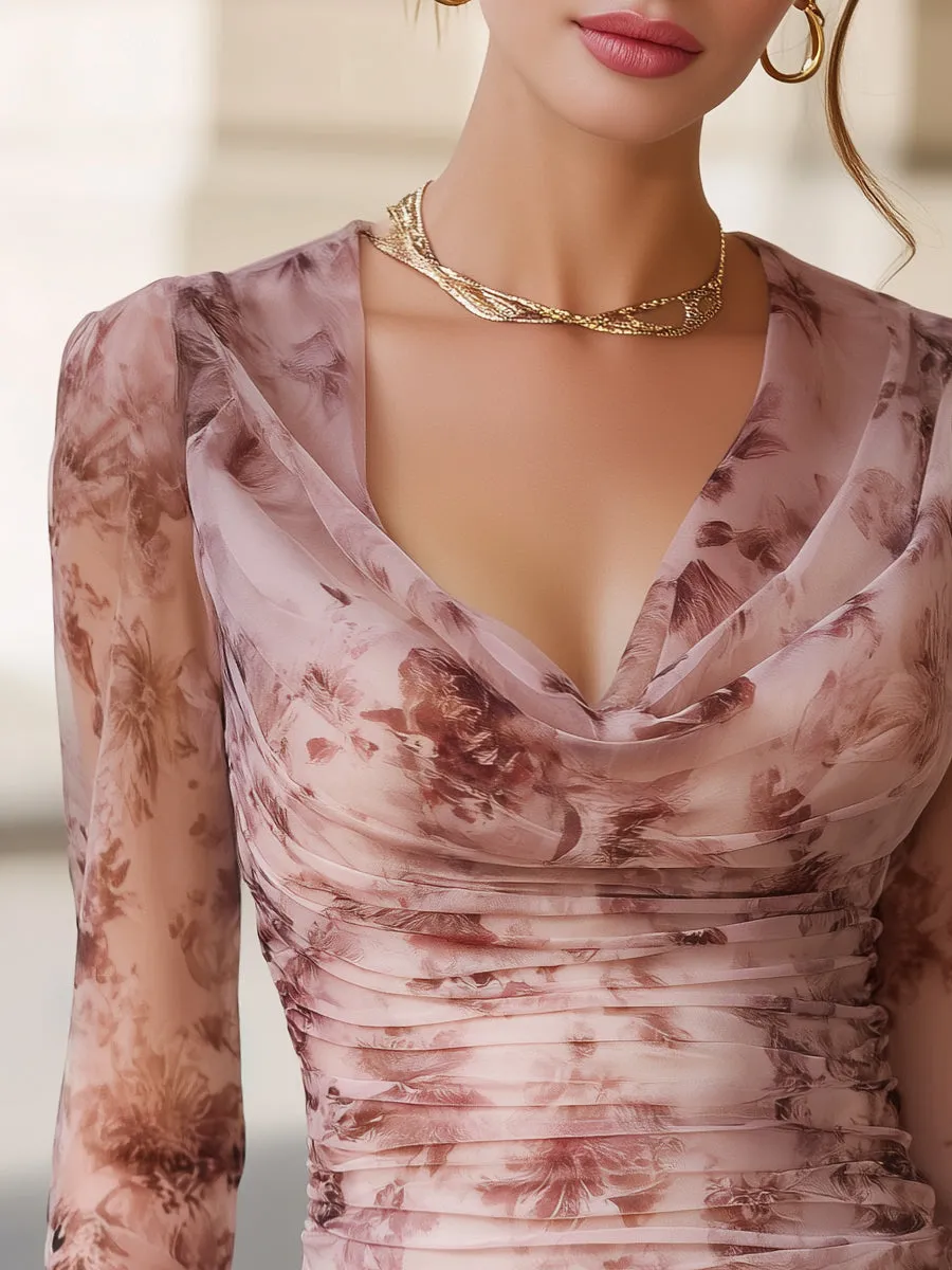 Floral Print Ruched Mesh Long Sleeve Blouse sold by Mooyius product image thumbnail 3