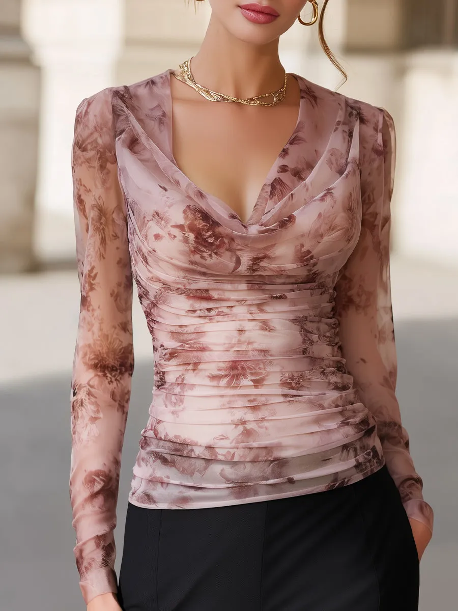 Floral Print Ruched Mesh Long Sleeve Blouse sold by Mooyius