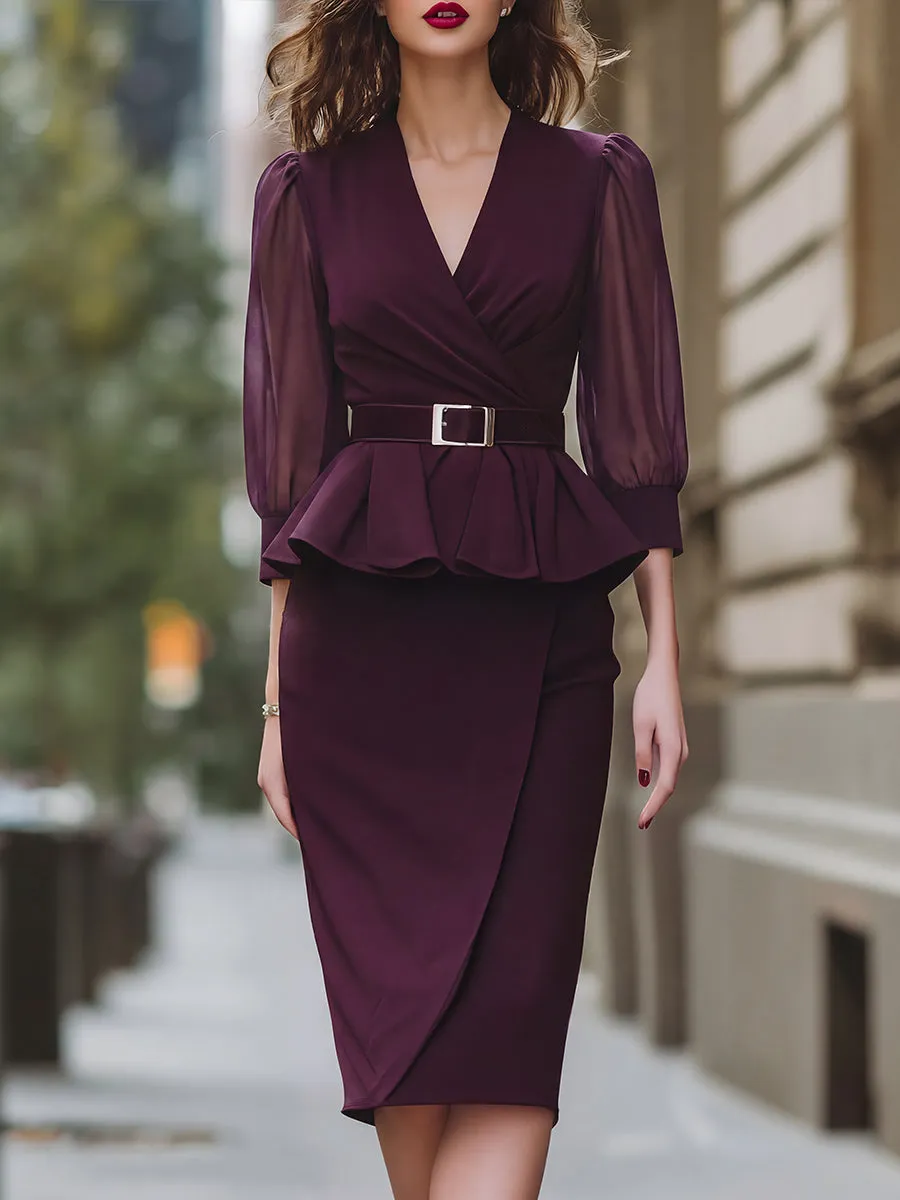 Belted Peplum Wrap Blouse & Asymmetric Pencil Skirt Set sold by Mooyius