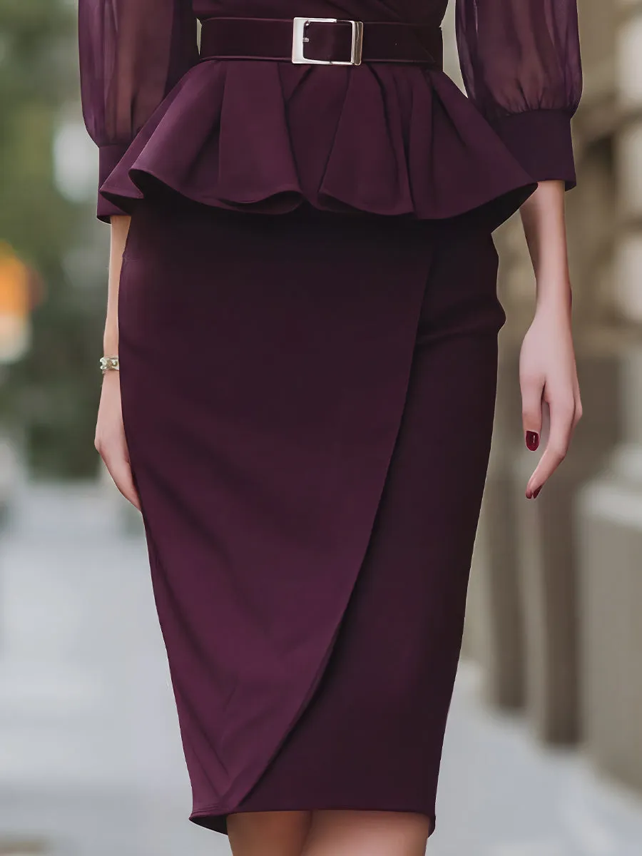Belted Peplum Wrap Blouse & Asymmetric Pencil Skirt Set sold by Mooyius product image thumbnail 3