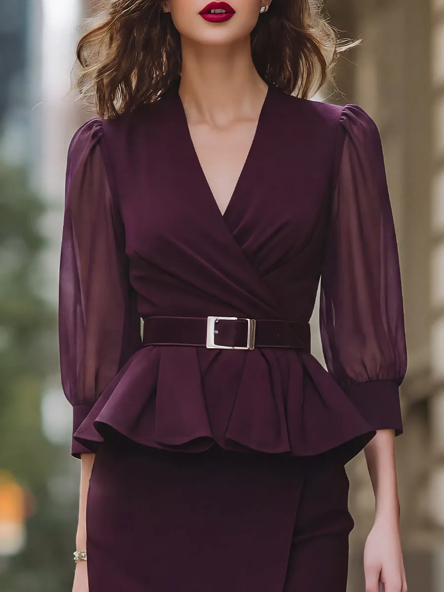 Belted Peplum Wrap Blouse & Asymmetric Pencil Skirt Set sold by Mooyius product image thumbnail 2