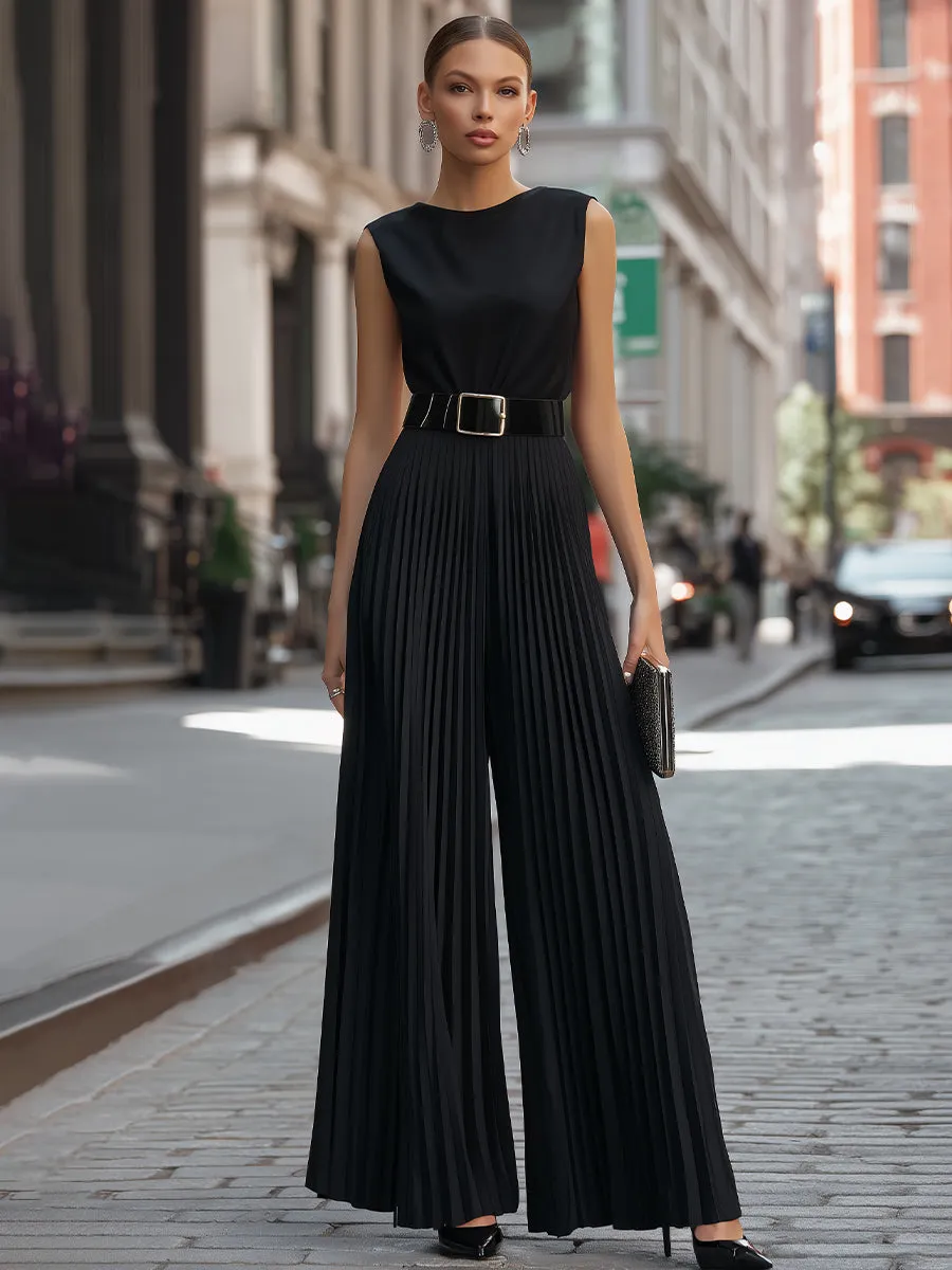 Structured Sleeveless Belted Pleated Wide-Leg Jumpsuit sold by Mooyius product image thumbnail 2