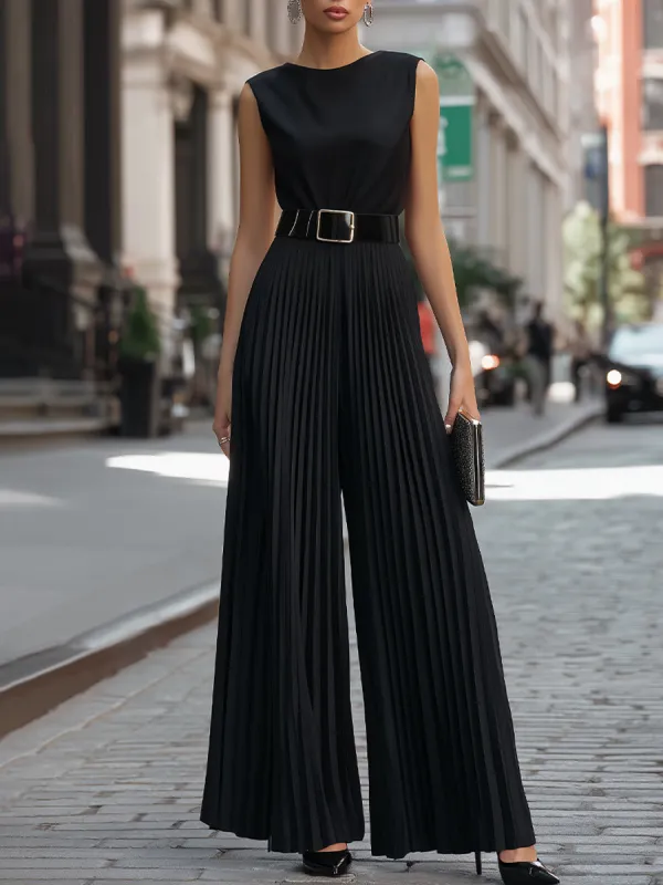 Structured Sleeveless Belted Pleated Wide-Leg Jumpsuit made by Mooyius