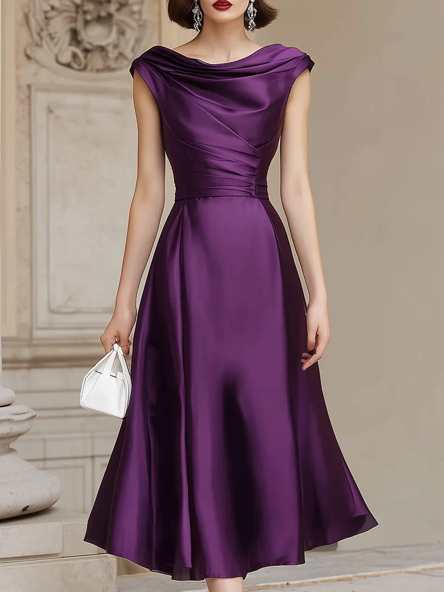 Folded Off-Shoulder Satin A-Line Midi Dress sold by Mooyius