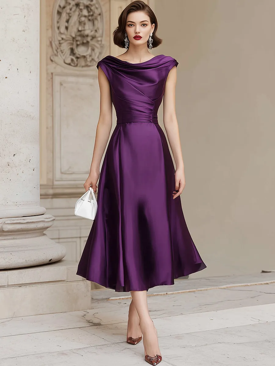 Folded Off-Shoulder Satin A-Line Midi Dress sold by Mooyius product image thumbnail 2