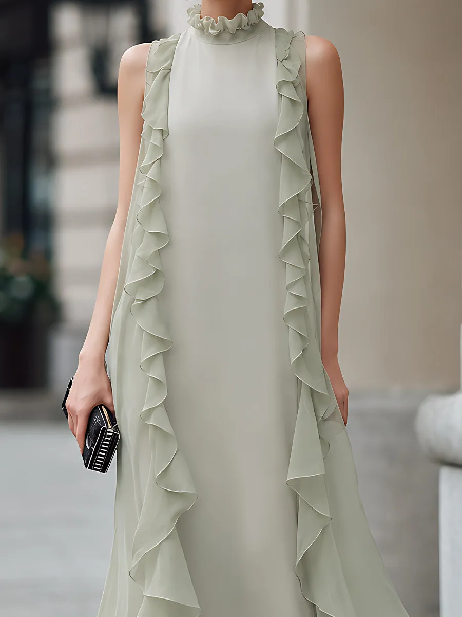 Ruffle Trim High Neck Chiffon Maxi Dress sold by Mooyius product image thumbnail 3