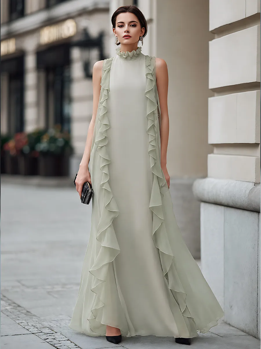 Ruffle Trim High Neck Chiffon Maxi Dress sold by Mooyius product image thumbnail 2