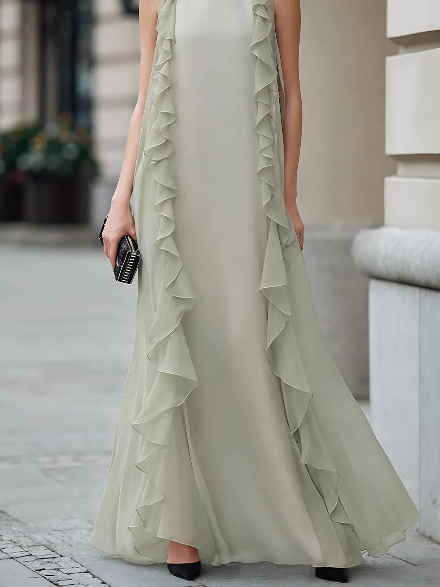 Ruffle Trim High Neck Chiffon Maxi Dress sold by Mooyius product image thumbnail 4
