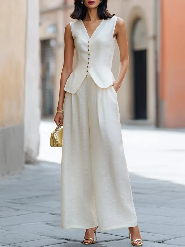 Sleeveless V-Neck Button-Detail Wide-Leg Two-Piece Set made by Mooyius