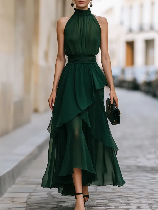 Elegant Halter Neck Layered Chiffon Maxi Dress made by Mooyius